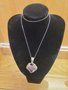 Strawberry Quartz Heart in Silver-Filled Wire with Stainless Steel Chain