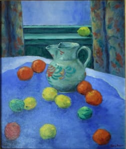 Pitcher on Blue Draped Table with Fruit