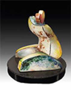 Vera Smiley,  Eve 14 x 14 x 13,5” Clay, underglazes, glazes, gold leaf, marble. $5500