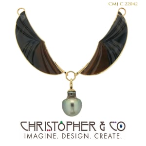 CMJ C 22042  Gold Pendant by Christopher M. Jupp set with Brazilian Agate handcut by Nick Alexander with Tahitian pearl element.