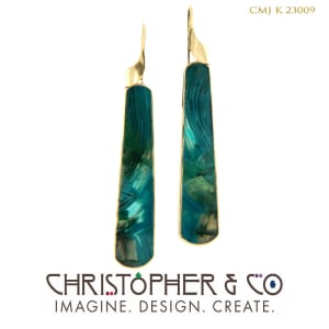 CMJ K 23009  Gold earrings designed by Christopher M. Jupp set with chrysocolla/malachite cabochons.