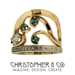 CMJ P 21104 Yellow & white gold wedding set designed by Christopher M. Jupp set with emeralds and diamond.
