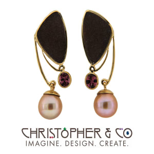 CMJ T 22014  Gold earring pair set with taupe drusy, garnet and Ming pearl designed by Christopher M. Jupp