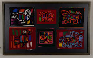 Six Small Molas, Five with Animals, One with Geometric Design