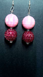 Earrings: "Go-Go" Pink Disco ball and Dark Pink Jeweled Bead