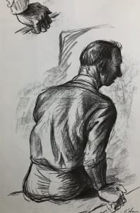 "Picnic, Lake of the Ozarks, Mural at Eldon PO, MO, sketch of Sitting Man" named by CLL