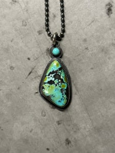 "Butterfly Wing Pendant" - Natural Black Hills Turquoise with Kingman turquoise Accent in Sterling Silver 1 of 4
