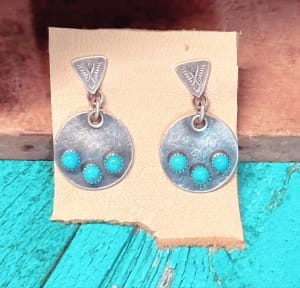 "Three Stone Stamped Luna Earrings" - Sterling Silver and Kingman Turquoise, Triangle Stamp Detail