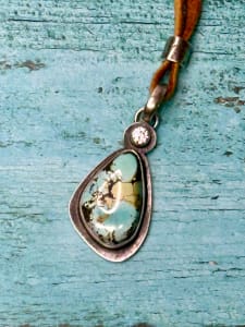 "Butterfly Wing Pendant" - Natural Black Hills Turquoise and CZ on Adjustable Deerskin Leather Lace