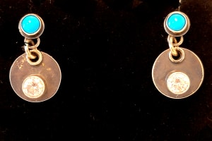 "Sleeping Beauty Sparkles Earrings" - Cubic Zirconia Sparkles in Oxidized Discs Dangling from Sleeping Beauty Turquoise Post Earrings