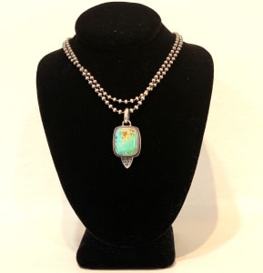 "Just Tickled Necklace" - Sweet Cushion Cut Kingman Turquoise with Stamp Accent on Long Delicate Bead Ball Chain