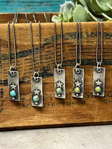 "Starlet Tags" - Kingman turquoise in sterling on delicate venetian box chain 2/3