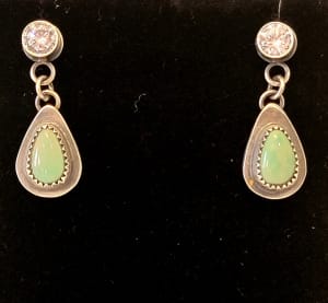 "Desert Raindrops Earings" - Teardrop Cut Sage Green Kingman Turquoise in Sawtooth Bezel Dangle from Cubic Zirconia Post Earrings