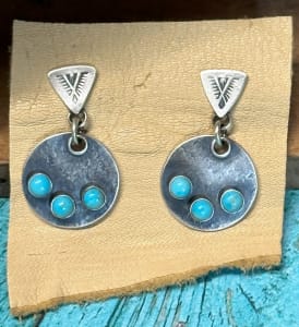 "Three Stone Stamped Luna Earrings" - Sterling Silver and Kingman Turquoise, Triangle Stamp Detail, Smooth Bezel