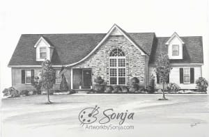 Family Home in Stone and Brick Pencil Drawing