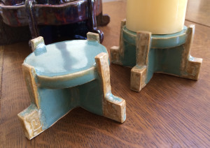 Square spiral candle stands, in sky blue and funkified gold.