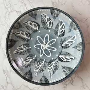 Low/wide bowl in Arctic Blue with leaves and swirls