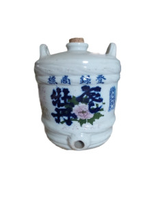 Blue and White Japanese Porcelain Barrel Shaped Antique Sake Jar #2 with Pink Flower on Front
