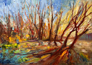 A064 Téli hajnal az áradó Tisza partján Flooding Tisza 70x50