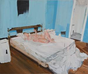 Woman resting in a kind of blue room