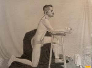 Untitled (Figure Drawing, Male Model Kneeling on Right Knee, Leaning Forward, Forearms Resting on Stool)
