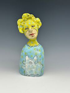 Green flower child with white dog