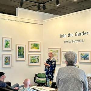 Denita Benyshek speaking at "Into the Garden" exhibit at Reuben Saunders Gallery