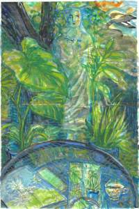 Morning Coffee in Garden 3, with Piet Ouldolf books and Kuan Yin