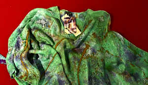 Textured hand dyed green, gold and violet top