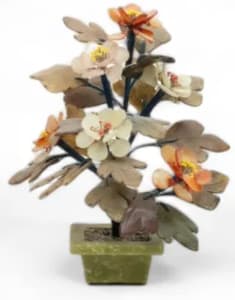 Jade & Agate Carved Bonsai Flower Tree 8.5"