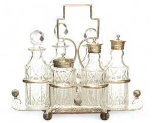 English Silver Plate Condiment Frame, 6 Crystal Bottles