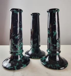 Bennington Black On Green Tall Candlesticks 6.5"/ Set of 3