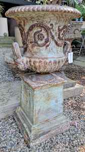 Handyside Floral Scroll Urns on Plinths / Pair