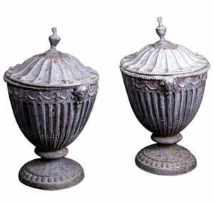 English Regency Lead Garden Urns w/ Lids / Pair