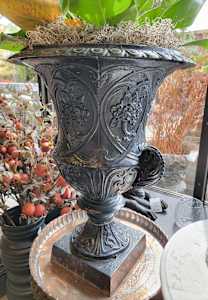 Black Foliate Iron Urns / Pair