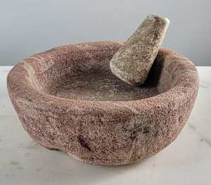 Aged Carved Stone Mortar with Pestle