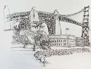 1991 "The Bridge" Landscape Drawing Acclaimed Illustrator Bill Shields