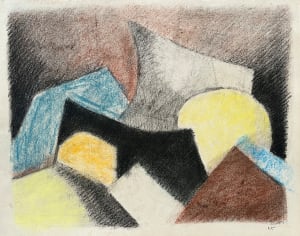 1980's Cubist Yellow, Blue, Black Soft Pastel Abstract Drawing