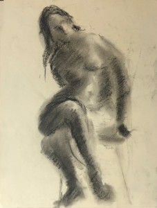 1960s Charcoal and Ink Female Nude Drawing "Sitting and Leaning"