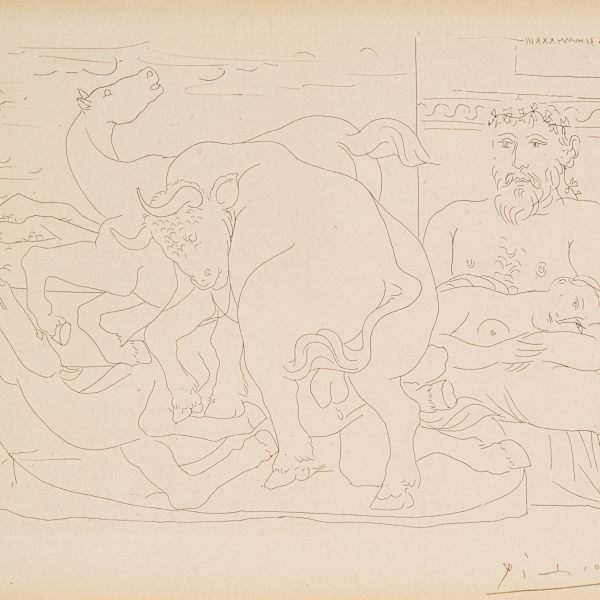 Le Repos du Sculpteur devant des Chevaux et un Taureau by Pablo Picasso, Image 1.