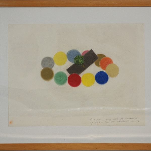 Tree Over Gray Rectangle Surrounded by Colour Spheres by David Lamelas, Image 1.