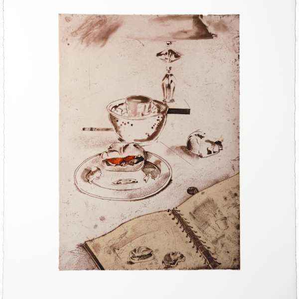 Room Service Still Life with Sketchbook by Joseph Goldyne, Image 1.
