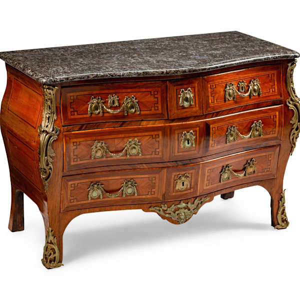 A Gilt-Bronze-Mounted Inlaid Kingwood and Bois de Rose Commode by E Kahn, Image 5.