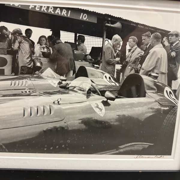 Ferrari Pit lane Scene vintage Gelatin Silver Signed Print by Louis Klemantaski, Image 1.