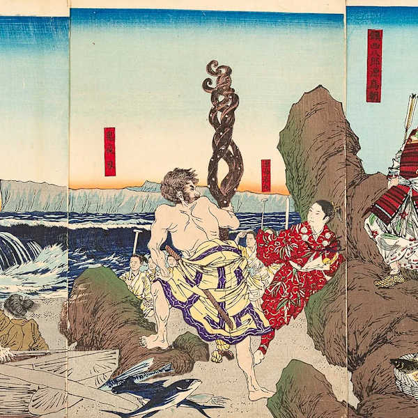 Minamoto Tametomo staring at the ocean with its incoming fleet of ships by KOBAYASHI KIYOCHIKA, Image 1.