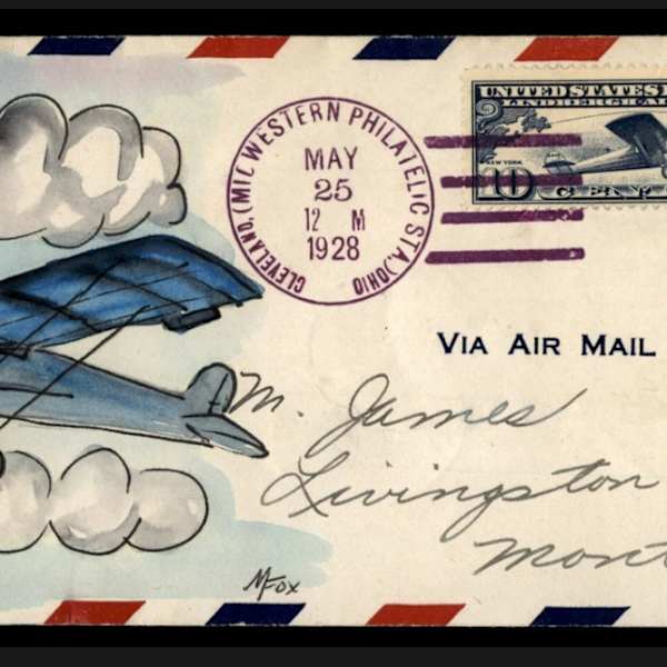 1928 Spirit of St Louis cover with an add-on M. Fox hand painted cachet by Melissa Fox, Image 1.