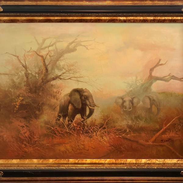 Vintage African Landscape with Elephants by J. Carley, Image 1.