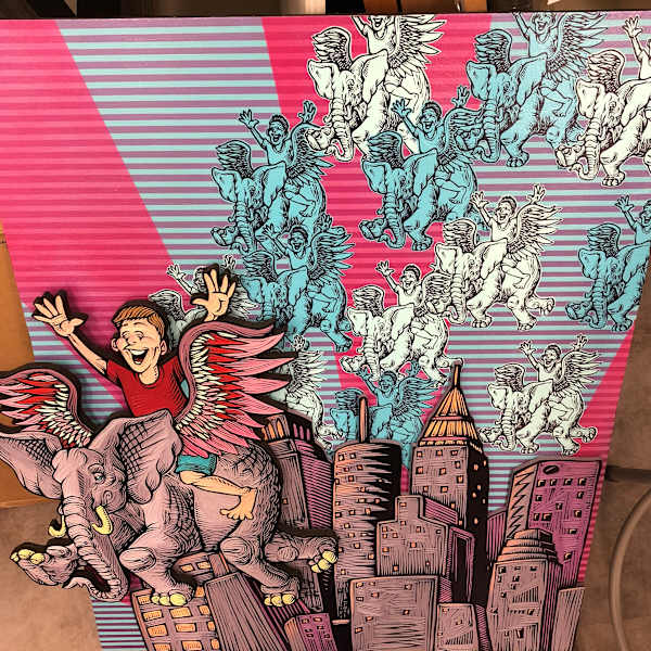 Arrivals (Boy riding flying elephant over cityscape) by Chris Neuenschwander (Noosh Studios), Image 1.