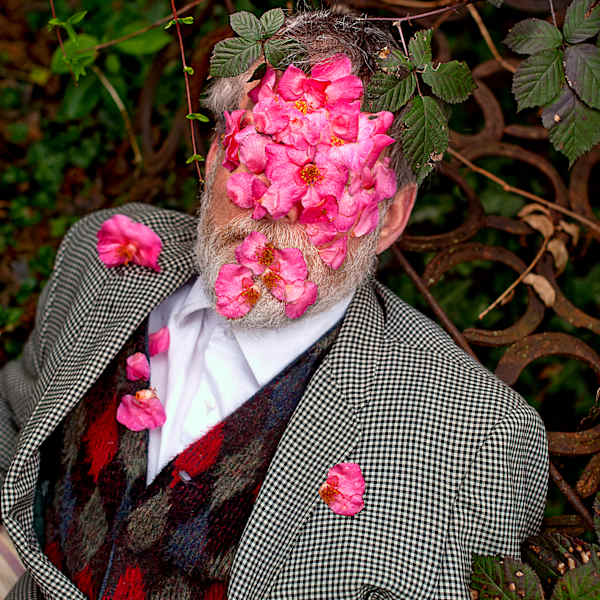 A Shatter of Camellia Blooms Arranged Themselves over Tom's Face, from "Cloistered Order" series by Raymond Grubb, Image 1.