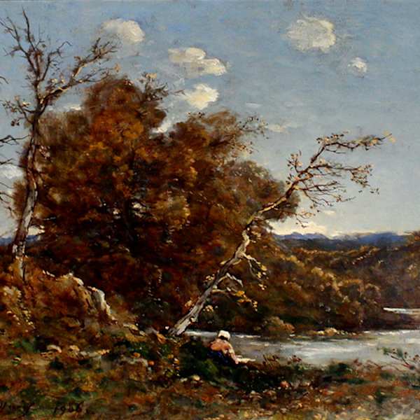 Autumn Landscape with Washerwoman at the River by Henri-Joseph Harpignies, Image 2.